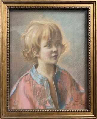 portrait of a young girl in a pink dress by a gold frame