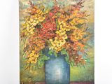 une peinture à l'huile représentant un vase de fleurs sur une table