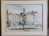 peinture d'une scène de rue avec une tour d'horloge en arrière-plan