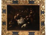 une image représentant un tableau où l'on voit un homme allongé sur un lit, entouré d'autres personnes