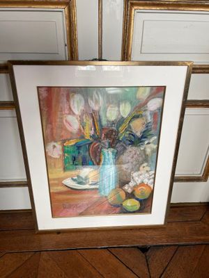 a picture of a painting of flowers in a vase on a table