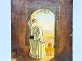 an old painting of a man in a white robe standing in a doorway