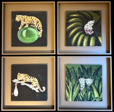 quatre tableaux encadrés représentant un tigre, un léopard et une grenouille