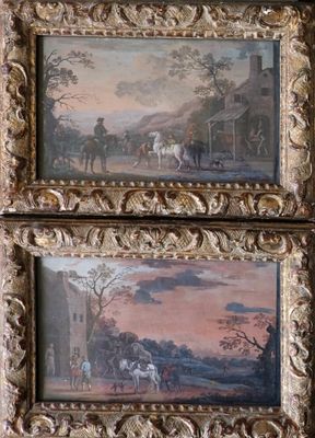 deux tableaux encadrés représentant des chevaux et des cavaliers dans un décor champêtre
