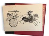 a card with a drawing of a horse and carriage