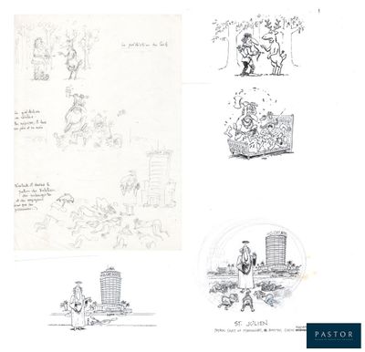 several sketches of people in a park with buildings and trees