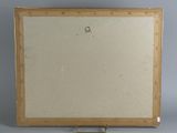 an old picture of a wooden easel with a piece of paper on it