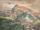 a picture of a painting of a mountain scene