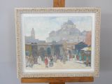 an oil painting of a street scene with a church in the background