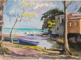a watercolor painting of a boat on the shore