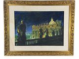 une peinture à l'huile représentant un homme debout devant un immeuble, de nuit