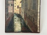 painting of a canal in a city with buildings and a boat