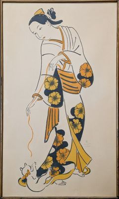 une image représentant un tableau où l'on voit une femme promener son chien
