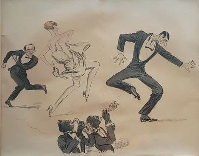 drawing of a man in a tuxedo and a woman in a dress dancing