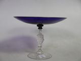 a blue glass bowl on top of a glass stand