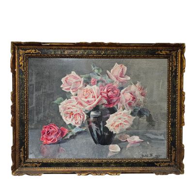 painting of pink roses in a black vase on a table