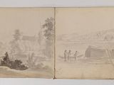 an old book with a drawing of a village and a river