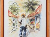 painting of a man walking down a street with a hat on