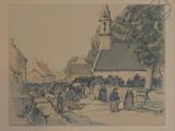 tableau représentant une scène de village avec une église et une foule de gens