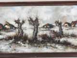 an oil painting of a snowy landscape with houses in the background