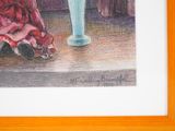 a picture of a painting of a woman sitting on a bench in front of a vase