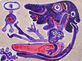 tableau aux tons violets et rouges représentant un homme et une femme sur une planche de surf