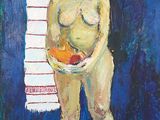tableau représentant une femme coiffée d'un chapeau de paille et tenant un bol de fruits