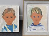three paintings of children are hanging on a wall in a room