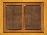 an old wooden window with a brown frame and a brown window pane