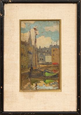 tableau représentant un voilier dans un port, avec des bâtiments en arrière-plan