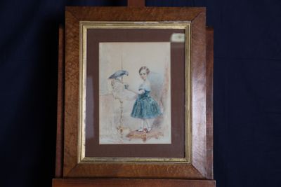 Ecole début XXème siècle Fillette au perroquet.