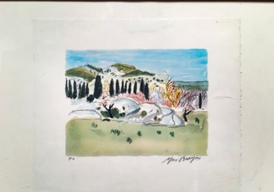 une photo d'une photo d'un tableau représentant un chien dans un champ