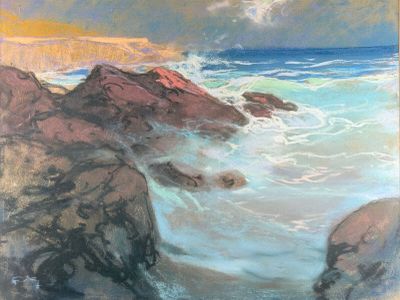 painting of a painting of a beach scene with rocks and water