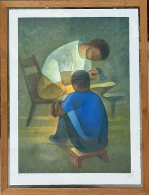 tableau représentant deux hommes assis à une table dans une pièce