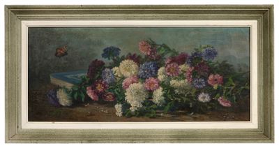 une peinture à l'huile représentant un bouquet de fleurs posé sur une table