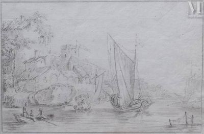 drawing of a boat on a river with a castle in the background