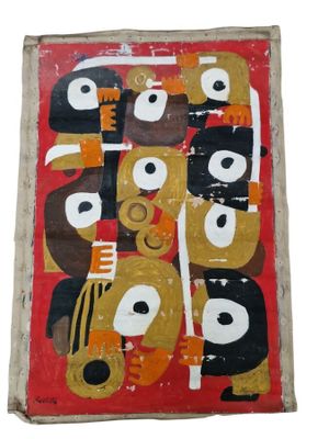 tableau représentant un groupe de personnes aux visages se détachant sur un fond rouge