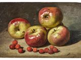 un tableau représentant des pommes et des cerises posées sur une table