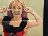a poster of a woman in a red dress holding a knife