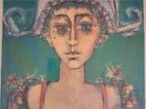 painting of a woman wearing a hat with flowers in her hair