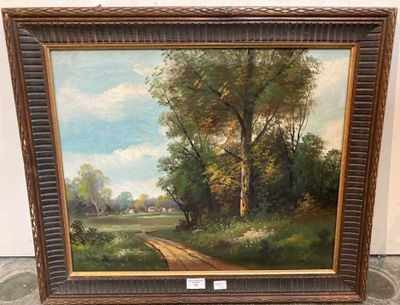 une peinture à l'huile représentant une route de campagne dans un cadre boisé