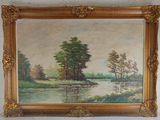 an image of a painting of a river with trees in the background