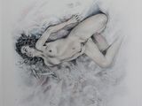 drawing of a nude woman laying on a bed with her head in her hands