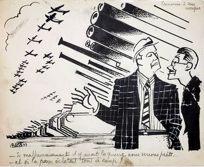 drawing of two men in suits and ties standing in front of a train
