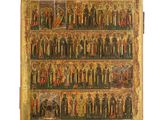 un tableau représentant une étagère sur laquelle sont disposées de nombreuses icônes religieuses