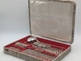 silverware in a case on a white surface with a silver spoon and spoon rest