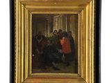 une peinture à l'huile représentant un groupe de personnes assises autour d'une table
