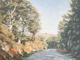 a painting of a road with trees on both sides of it