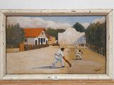 a painting of a baseball game being displayed on a wall