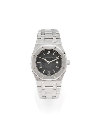 an image of a silver watch with a black dial on a white background